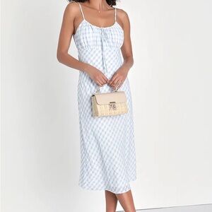 Lulus “Daintily Dreaming” White & Blue Gingham Midi Dress 🩵 Size XS